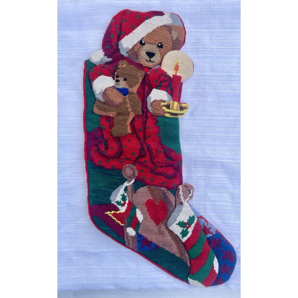 Vintage 3D Teddy Bear Needlepoint Christmas Stocking 20” Raised Puffy Velvet